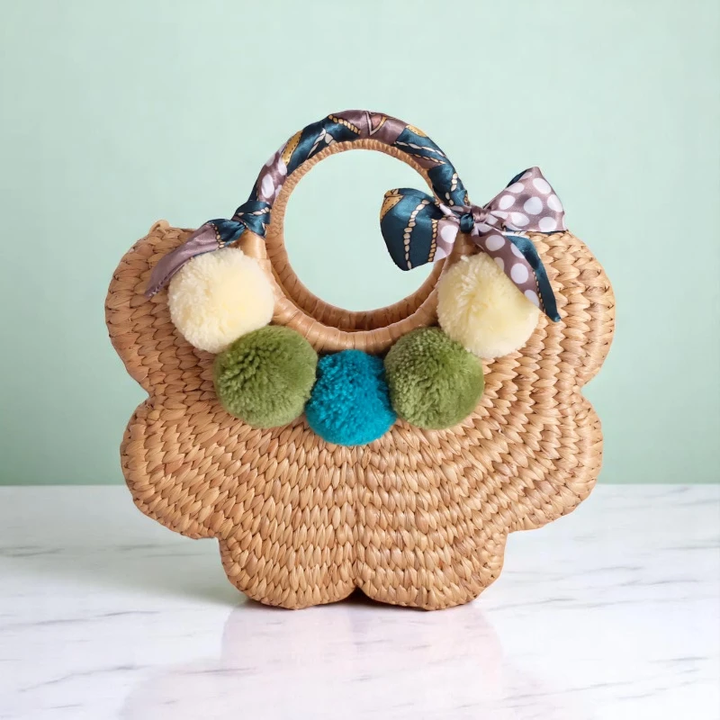 Arun Straw Pom Pom Summer Vacation Bag with round handle and colourful pom poms