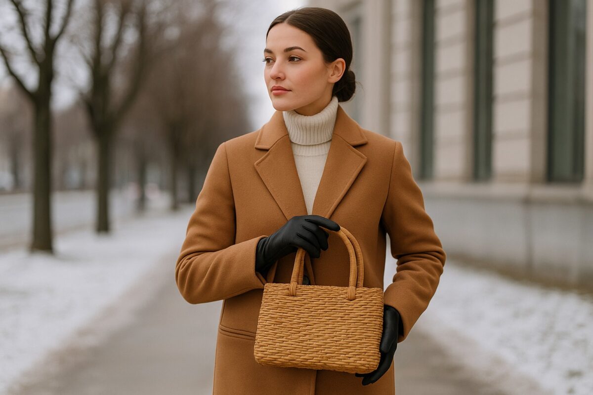 Woman in a camel coat with a straw handbag during winter