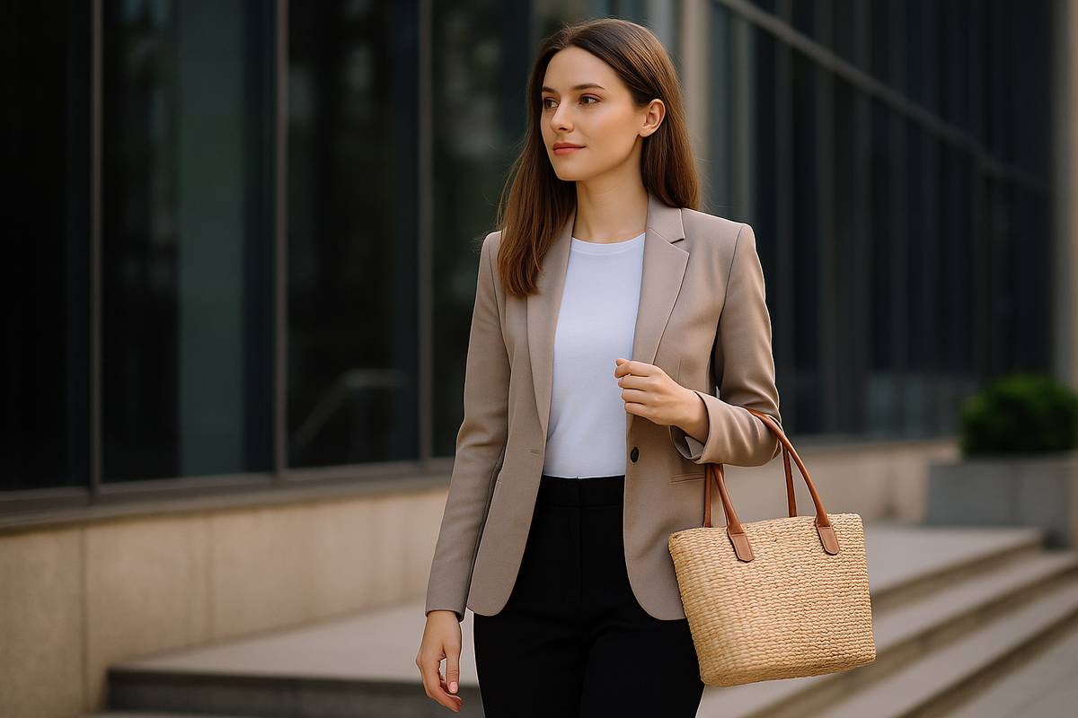 Woman in a beige blazer carrying a straw handbag outside an office building
