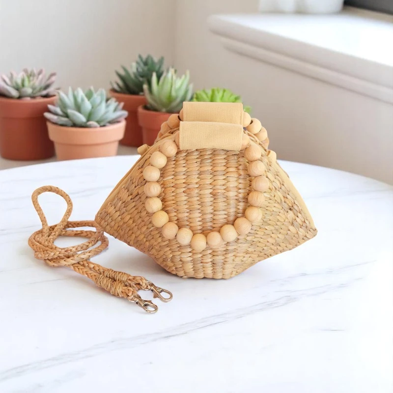 Handmade Nattanicha Straw Bead Crossbody Bag with Natural Wooden Beads and Eco-Friendly Woven Straw