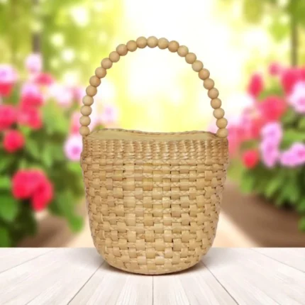Koh Handwoven Straw Bucket Beaded Handle Bag Crafted from Natural Water Hyacinth