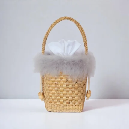 Nathamon Soft Trimmed Mini Straw Drawstring Bag with Misty Grey Feather Detail