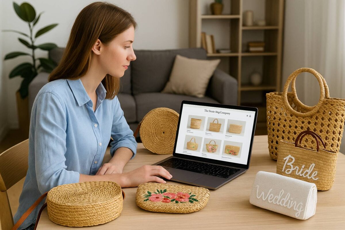 Woman surrounded by various straw bags representing different occasions