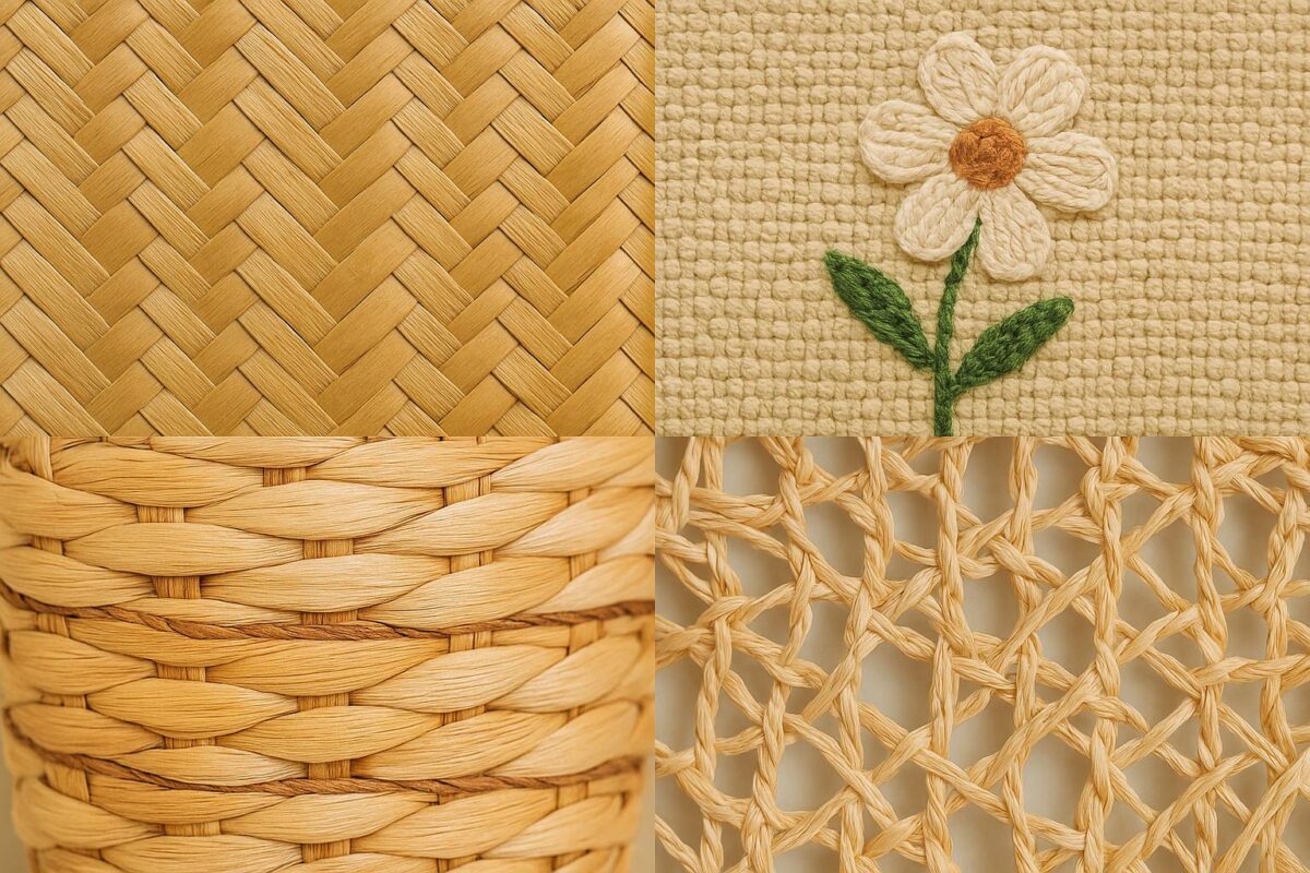 Close-up textures of various handwoven straw bags