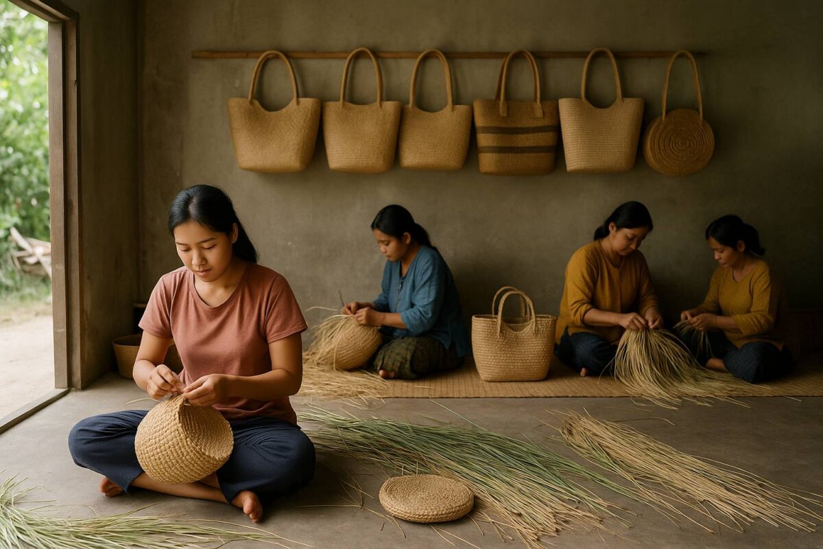 Thai artisans weaving straw bags in a slow fashion studio
