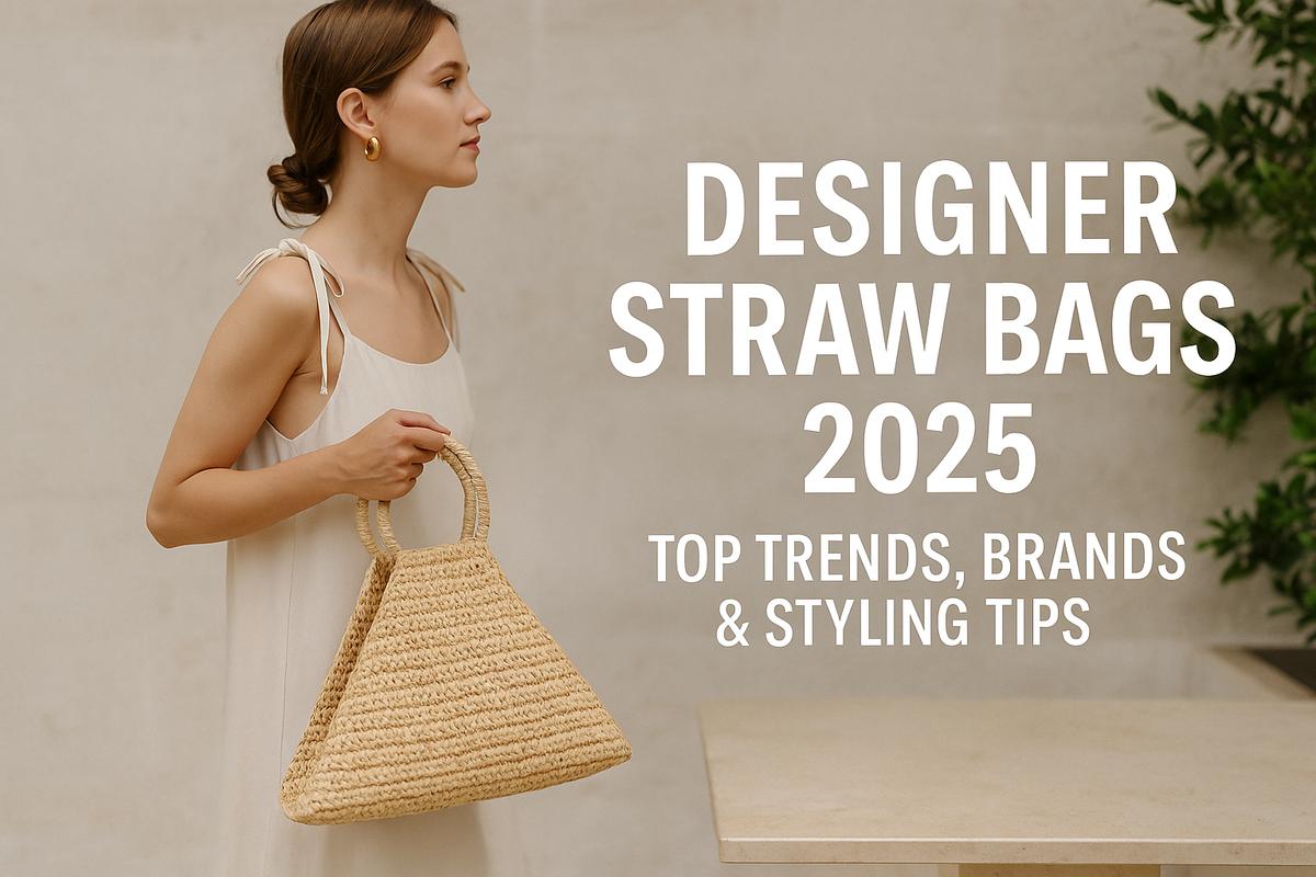 Woman with a woven straw tote stands confidently in a minimalist garden space