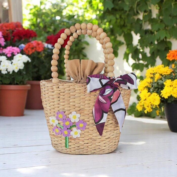 Orrawan Embroidered Straw Tote With Wooden Handles And Scarf