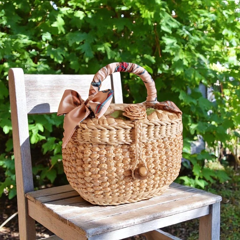 Ketsuda Straw Floral Handle Basket Bag
