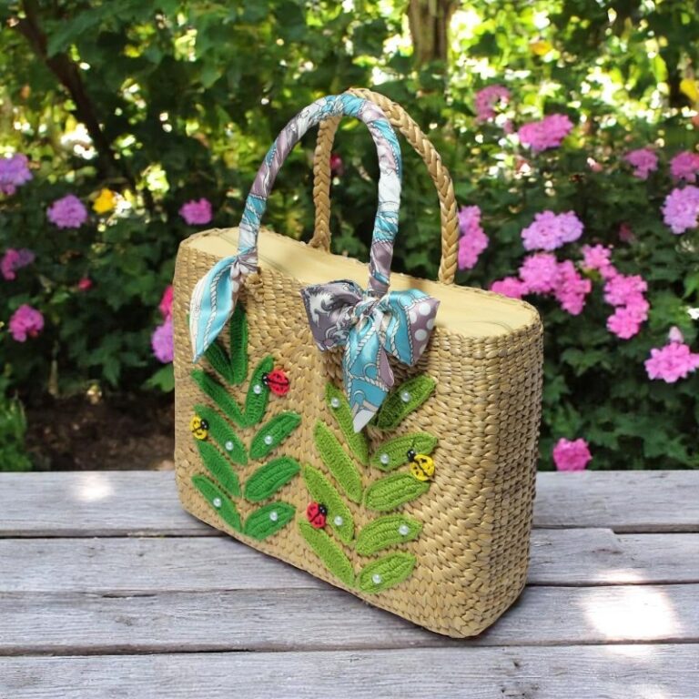 Khwanta Handwoven Ladybird Leaf Straw Tote Bag With Green Leaf Embroidery And Ladybird Accents