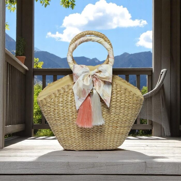 Sasiprapa Natural Woven Straw Bag With Peach Tassel & Silk Bow