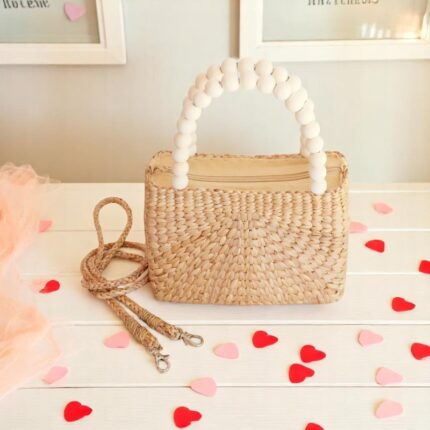 Straw Crossbody Bag With Pearl-Style Handle, Handmade In Thailand