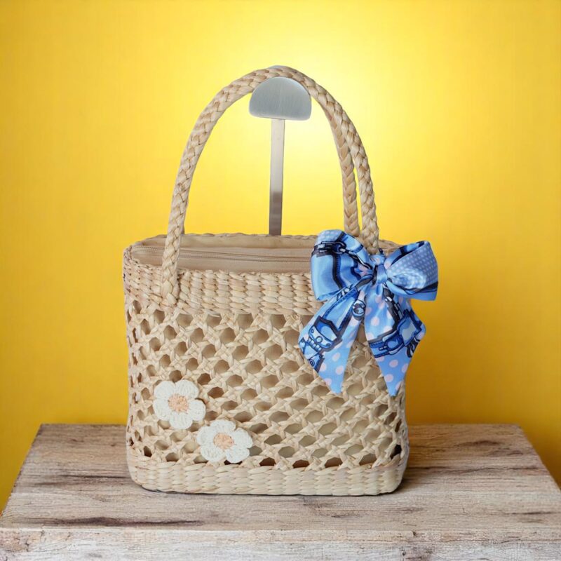 Blue Ribbon Straw Bag With Flowers