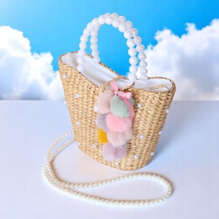 Pearl Handle Straw Bag With Pom-Poms