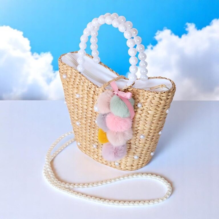 Pearl Handle Straw Bag With Pom-Poms
