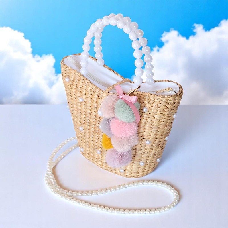 Pearl Handle Straw Bag With Pom-Poms