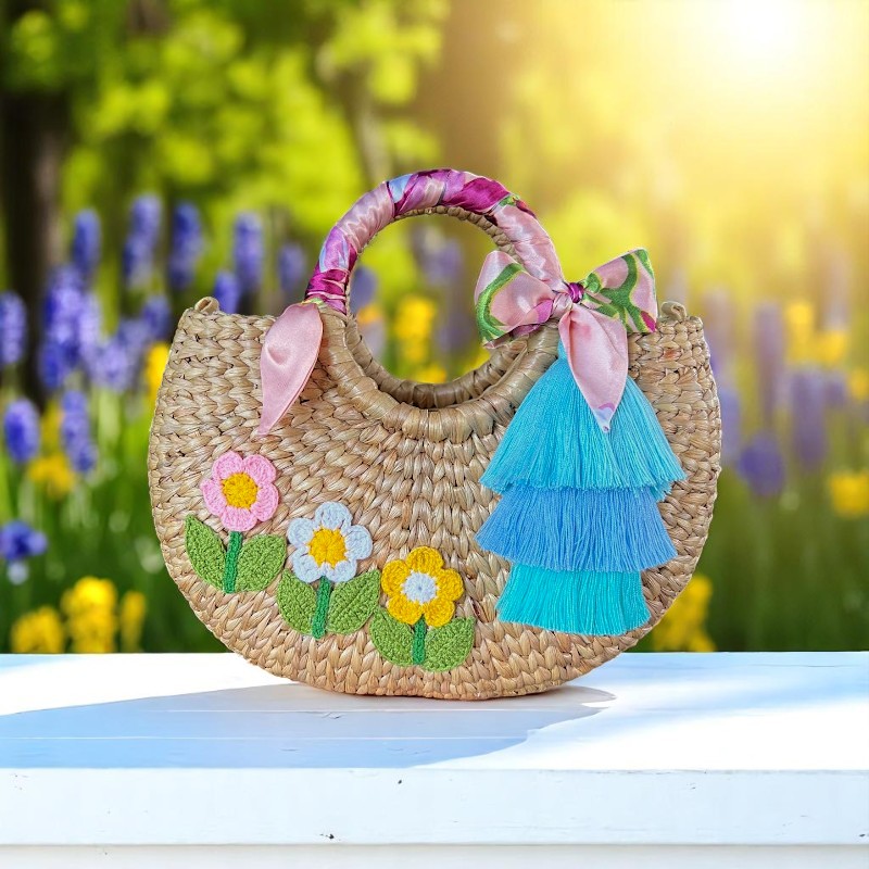 Prisana Flower Embroidered Straw Bag with Tassels