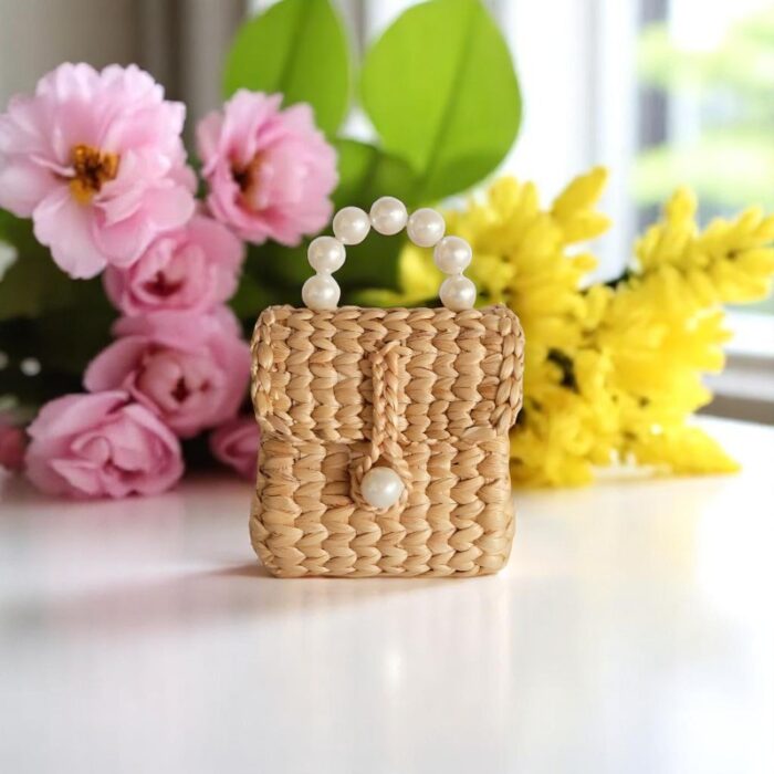 Mini water hyacinth handbag with pearl handle