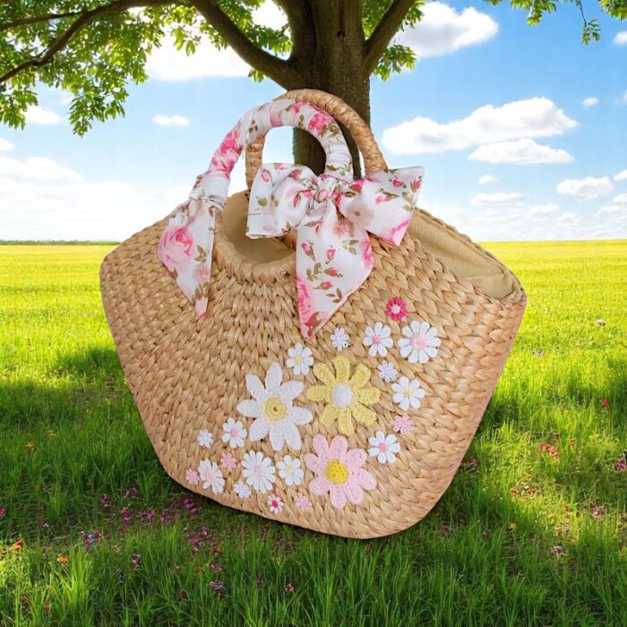 Sopida Pink Bow Woven Wedding Tote – floral bridal straw bag with hand-stitched pastel flowers and pink ribbon handles