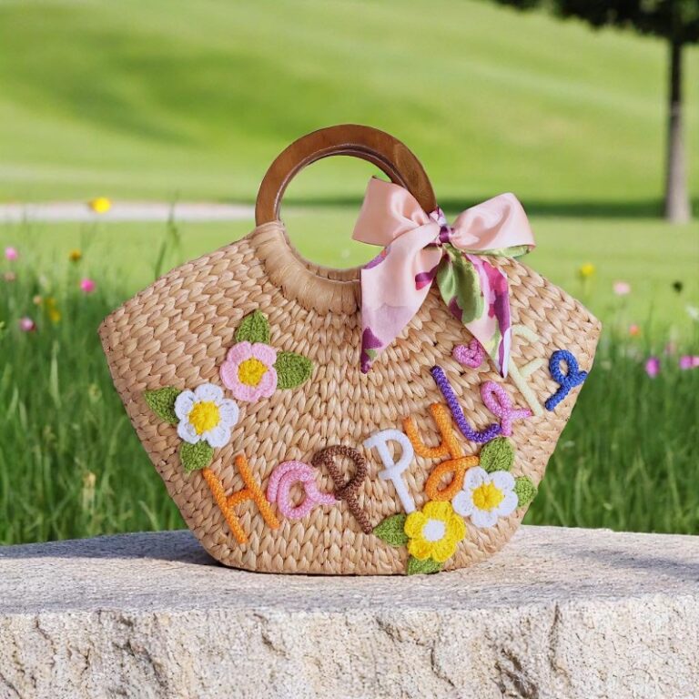 Embroidered Straw Bag With Happy Life Design
