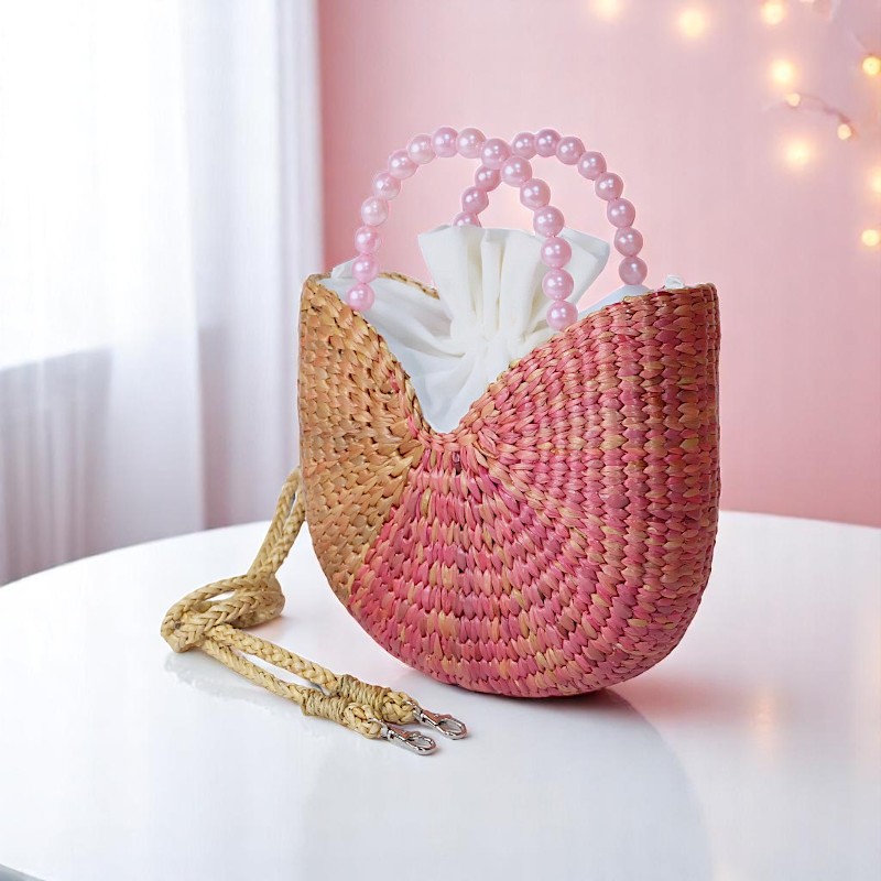 Wimonwan Pink Pearl Straw Crossbody Purse