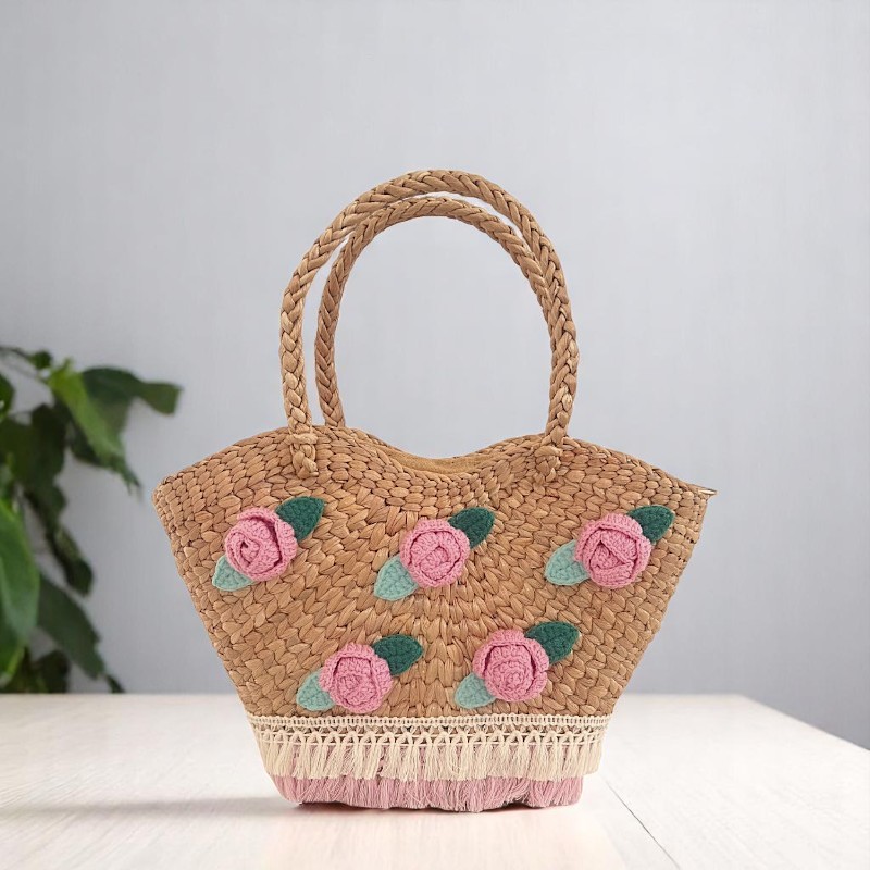 Sasithorn Floral Straw Tote with Pink Tassels
