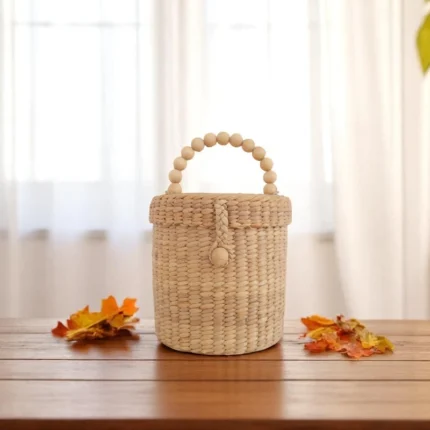 Sasithorn Straw Round Beaded Canister Bag